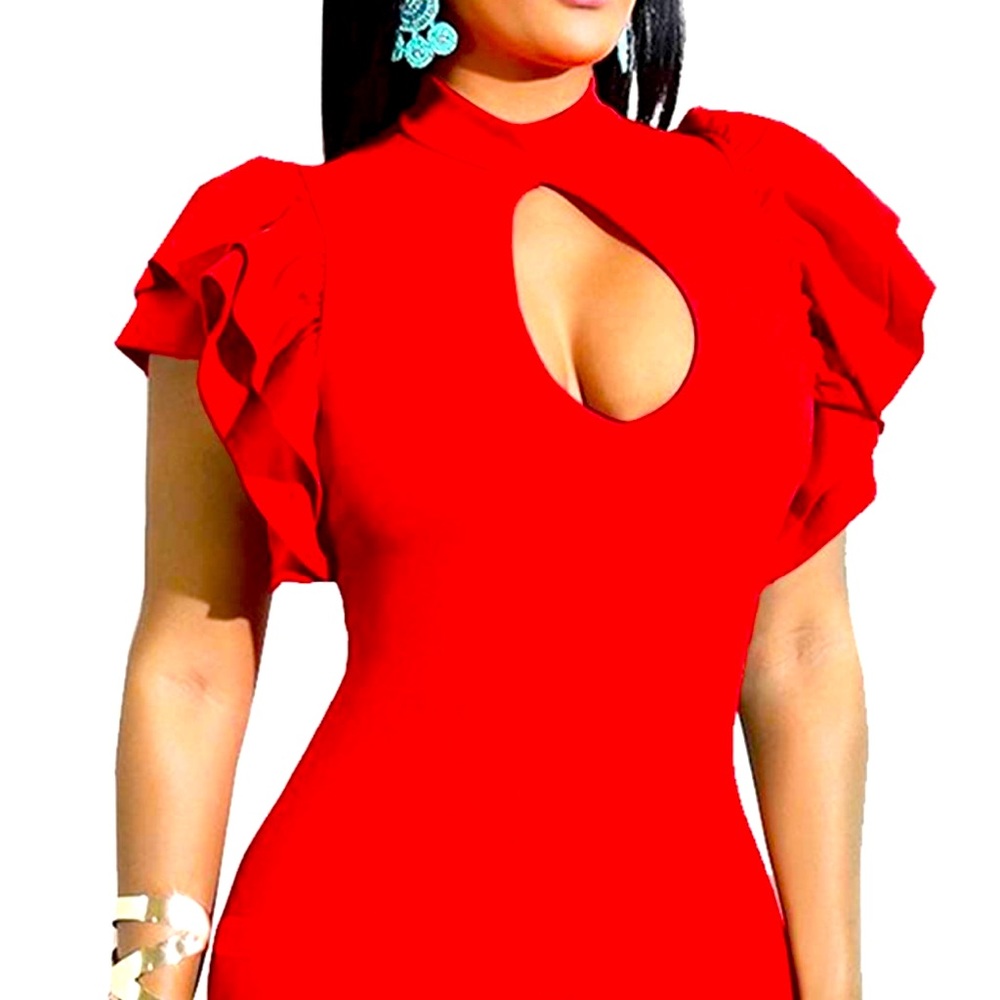 Body-con ruffle-sleeve mini dress with cutout